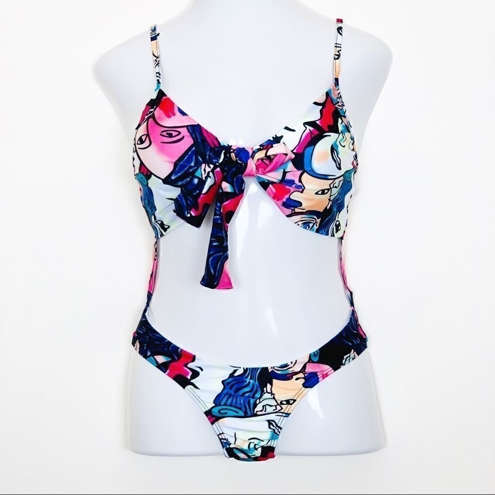 Pop Art Cut-Out Tied Bowknot One-Piece Swimsuit